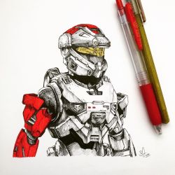 Rule 34 | armor, art tools in frame, commentary, commission, english commentary, graphite (medium), halo (game), halo (series), halo infinite, highres, ink (medium), mechanical pencil, pen, pencil, photo (medium), power armor, sam art tha, science fiction, signature, spartan (halo), spot color, traditional media, upper body, visor, white background