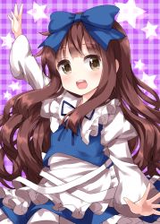 Rule 34 | 1girl, apron, arm up, blue bow, blue ribbon, blue shirt, blue skirt, bow, brown eyes, brown hair, cowboy shot, hair bow, highres, juliet sleeves, long hair, long sleeves, neck ribbon, open mouth, plaid, plaid background, puffy sleeves, purple background, ribbon, ruu (tksymkw), shirt, skirt, solo, standing, star (symbol), star sapphire, touhou, waist apron, white apron