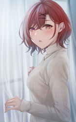 Rule 34 | 1girl, blush, breasts, curtains, from side, hair ornament, hairclip, highres, higuchi madoka, idolmaster, idolmaster shiny colors, indoors, jewelry, long sleeves, looking at viewer, looking to the side, medium breasts, mole, mole under eye, necklace, parted lips, red eyes, red hair, short hair, solo, sweater, turtleneck, turtleneck sweater, white sweater, x hair ornament, yuzuyu (hyui)