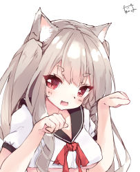 Rule 34 | 1girl, :d, animal ear fluff, animal ears, azur lane, black sailor collar, blush, bow, breasts, brown hair, crop top, crop top overhang, fang, hamaru (s5625t), hands up, long hair, looking at viewer, medium breasts, open mouth, paw pose, puffy short sleeves, puffy sleeves, red bow, red eyes, sailor collar, school uniform, serafuku, shirt, short eyebrows, short sleeves, signature, simple background, smile, solo, thick eyebrows, two side up, underboob, upper body, white background, white shirt, wolf ears, yuudachi (azur lane)