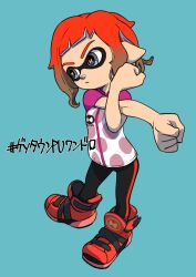 Rule 34 | 1boy, black leggings, blue background, cephalopod eyes, closed mouth, commentary request, cross-body stretch, full body, grey eyes, highres, inkling, inkling boy, inkling player character, leggings, male focus, nintendo, orange hair, pointy ears, shoes, short hair, simple background, solo, splatoon (series), standing, tentacle hair, translation request, xdies ds