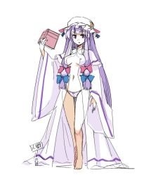 Rule 34 | 1girl, blue ribbon, book, breasts, capelet, covered erect nipples, crescent, crescent hair ornament, giant, giantess, hair ornament, hair ribbon, hat, holding, holding book, long hair, long sleeves, midriff, mob cap, navel, open clothes, open mouth, panties, patchouli knowledge, purple eyes, purple hair, red ribbon, ribbon, seo tatsuya, simple background, solo, standing, thigh gap, touhou, tress ribbon, underwear, very long hair, when you see it, white background, wide sleeves