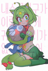 Rule 34 | 1boy, 1girl, ahoge, animal ears, batrobin k, blush, boots, bow, bowtie, breasts, cat ears, character request, dororo (keroro gunsou), green eyes, green footwear, green hair, green skirt, green thighhighs, high heel boots, high heels, highres, keroro, keroro gunsou, large breasts, looking at viewer, personification, pleated skirt, red bow, red bowtie, short hair, skirt, smile, star-shaped pupils, star (symbol), symbol-shaped pupils, thighhighs