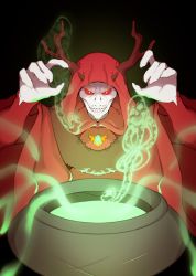 Rule 34 | 1boy, absurdres, alternate costume, arms up, black background, colored sclera, combos &amp; doodles, commentary, english commentary, gem, green background, harry potter (series), highres, hood, hood up, horns, jewelry, long sleeves, magic, male focus, necklace, pot, red robe, red sclera, robe, solo, teeth, upper body, voldemort, white eyes, wizarding world