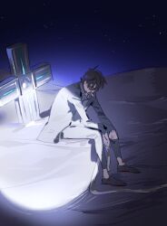 Rule 34 | 1boy, black hair, cigarette, commentary, cross, dessert, food, formal, from side, jacket, light, male focus, nicholas d. wolfwood, night, night sky, pants, raine (acke2445), shirt, shoes, short hair, sitting, sky, solo, suit, sunglasses, symbol-only commentary, trigun