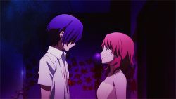 1boy 1girl animated animated_gif blue_hair blush brown_hair embarrassed lowres naked_towel persona persona_3 slapping takeba_yukari towel yuuki_makoto_(persona_3)