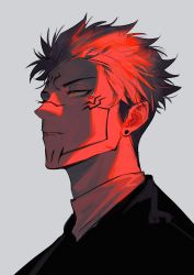 Rule 34 | 1boy, ear piercing, expressionless, extra eyes, facial mark, from side, grey background, highres, japanese clothes, jujutsu kaisen, looking ahead, male focus, monochrome, piercing, portrait, profile, red eyes, ryoumen sukuna (jujutsu kaisen), shark2049, short hair, simple background, solo, spiked hair, undercut