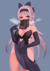 Rule 34 | 1girl, absurdres, armor, bare shoulders, black gloves, blue background, blue bow, blue tabard, bow, breastplate, breasts, breath, cleavage, commentary request, covered navel, cowboy shot, dagger earrings, drop earrings, earrings, elbow gloves, floral print, girls&#039; frontline, gloves, grey hair, hair bow, hairband, hako reeema, hand on own chest, hand on own stomach, hand up, highres, hip focus, jewelry, labyrinth of the dark, lace-trimmed hairband, lace trim, long hair, looking at viewer, mouth veil, no choker, no panties, partial commentary, red eyes, see-through, sidelocks, small breasts, solo, sweat, tabard, thighs, tokarev (girls&#039; frontline), tokarev (griffin&#039;s dancer) (girls&#039; frontline), veil, very long hair
