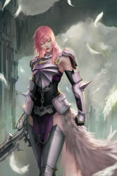 Rule 34 | 1girl, armor, armpits, breastplate, cloud, cloudy sky, elbow gloves, closed eyes, feather skirt, feathers, final fantasy, final fantasy xiii, final fantasy xiii-2, gauntlets, gloves, greaves, gunblade, holding, holding weapon, leotard, leotard under clothes, lightning farron, pelvic curtain, phamoz, pink hair, shoulder armor, sky, solo, standing, thighhighs, weapon