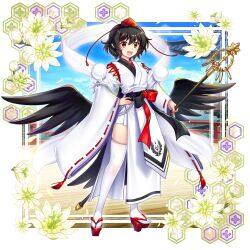 Rule 34 | 1girl, absurdres, bird tail, bird wings, black hair, black wings, commentary, english commentary, flower, full body, game cg, geta, hat, highres, holding, holding staff, japanese clothes, kimono, kourindou tengu costume, looking at viewer, official alternate costume, open mouth, pom pom (clothes), red footwear, red hat, rotte (1109), sash, second-party source, shameimaru aya, shameimaru aya (white crow of sensationalist photos), shawl, short hair, solo, staff, tail, tengu-geta, thighhighs, tokin hat, touhou, touhou lostword, white kimono, white thighhighs, wings, yellow flower