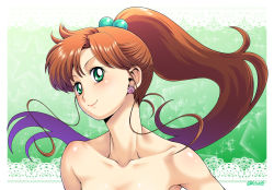 Rule 34 | 1girl, bishie sparkle, bishoujo senshi sailor moon, blush, brown hair, collarbone, completely nude, earrings, flower earrings, green background, green eyes, hair bobbles, hair ornament, jewelry, kino makoto, kouda tomohiro, lips, long hair, looking at viewer, nude, out-of-frame censoring, ponytail, sidelocks, smile, solo, sparkle, sparkle background, star (symbol), starry background, twitter username, upper body, very long hair