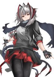 Rule 34 | 1girl, absurdres, arknights, black gloves, black jacket, black pantyhose, breasts, brown eyes, closed mouth, commentary request, fingerless gloves, gloves, grey hair, grey scarf, grey shirt, highres, jacket, medium breasts, nail polish, open clothes, open jacket, pantyhose, pleated skirt, red nails, red skirt, scarf, shirt, shuuka, simple background, skirt, solo, tail, w (arknights), white background