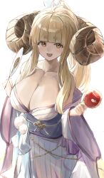 Rule 34 | 1girl, :d, absurdres, ahoge, anila (granblue fantasy), anila (yukata) (granblue fantasy), blonde hair, breasts, candy apple, cleavage, draph, food, granblue fantasy, hand fan, highres, hikimayu, holding, holding fan, horns, japanese clothes, kimono, large breasts, long hair, off shoulder, open mouth, ponytail, sheep horns, shiro wa (shiroshironix), sidelocks, simple background, smile, solo, white background, yellow eyes, yukata