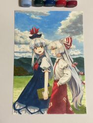 Rule 34 | 2girls, :d, blue dress, blue hair, blue headwear, blue sky, book, bow, brown eyes, closed eyes, cloud, collared shirt, commentary request, dress, fujiwara no mokou, grass, hair bow, hand in pocket, highres, holding, holding book, juliet sleeves, kamishirasawa keine, light blue hair, long hair, long sleeves, looking at another, marker (medium), mountainous horizon, multiple girls, neckerchief, ofuda, ofuda on clothes, open mouth, outdoors, pants, puffy sleeves, red bow, red neckerchief, red pants, shiratama (hockey), shirt, sky, smile, suspenders, touhou, traditional media, two-tone bow, very long hair, white bow, white hair, white shirt
