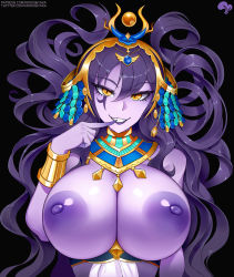 Rule 34 | 1girl, areola slip, black background, breasts, colored skin, commentary, english commentary, finger to mouth, grin, hair between eyes, hair spread out, highres, huge breasts, indie virtual youtuber, jewelry, krokobyaka, large areolae, looking at viewer, nipples, parted lips, puffy nipples, purple hair, purple lips, purple skin, simple background, smile, solo, teeth, upper body, usekh collar, vexoria the sun eater, virtual youtuber, yellow eyes
