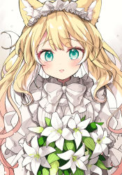 Rule 34 | 1girl, alternate color, animal ear fluff, animal ears, apron, blonde hair, bouquet, bow, colored inner hair, fangs, flower, fox ears, fox girl, fox tail, fuwafuwa-chan (kamiyoshi rika), green eyes, happy, highres, kamiyoshi rika, lily (flower), long hair, looking at viewer, maid, maid apron, maid headdress, multicolored hair, open mouth, original, smile, solo, tail, tears, upper body, white background, white hair