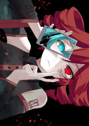Rule 34 | 2girls, absurdres, aqua eyes, aqua hair, arm tattoo, bare shoulders, black background, black shirt, cellphone, collared shirt, cracked screen, detached sleeves, drill hair, expressionless, hair between eyes, hands up, hatsune miku, highres, holding, holding phone, kasane teto, light frown, light particles, looking at viewer, multiple girls, number tattoo, phone, portrait, red eyes, red hair, revealing layer, shirt, sideways, simple background, sleeveless, sleeveless shirt, smartphone, tattoo, twin drills, utau, v, vocaloid, xelan0m