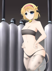 Rule 34 | 1girl, :/, alice margatroid, animal ears, bad id, bad pixiv id, bell, blonde hair, blue eyes, blush, bra, breasts, collar, collarbone, cow ears, cow tail, curvy, dirty, dirty clothes, hands on own hips, highres, hose, kurokaze no sora, navel, neck bell, oxygen tank, see-through, see-through legwear, solo, strapless, strapless bra, tail, thighhighs, thong, touhou, underwear