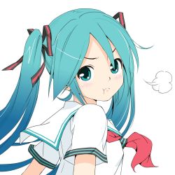 Rule 34 | 1girl, angry, aqua eyes, aqua hair, blouse, blush, closed mouth, female focus, from side, hair ornament, hair ribbon, hatsune miku, long hair, long twintails, looking at viewer, looking back, neckerchief, parted bangs, portrait, pout, red neckerchief, ribbon, sailor collar, school uniform, serafuku, shirt, short sleeves, sidelocks, solo, soukun s, twintails, v-shaped eyebrows, very long hair, vocaloid, white background, white shirt