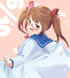 Rule 34 | 1girl, artist request, brown eyes, child, clenched hands, coat, diadem, eyelashes, female focus, fingernails, flat chest, from behind, glasses, hair ornament, half-closed eyes, happy birthday, highres, holding, holding clothes, holding coat, idol, idolmaster, idolmaster cinderella girls, ikebukuro akiha, lab coat, long hair, long sleeves, looking at viewer, looking back, namco, neck, numbered, open mouth, orange background, orange hair, outstretched arms, red-framed eyewear, sailor collar, scientist, sidelocks, simple background, smug, spread arms, standing, tiara, turning head, twintails, white coat