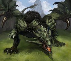 Rule 34 | angry, capcom, claws, dragon, fangs, grass, green theme, itou youichi, monster, monster hunter (series), mountain, no humans, rathian, scales, tail, tongue, white eyes, wings, wyvern