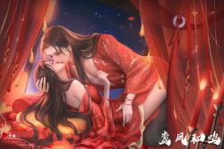 Rule 34 | 1boy, 1girl, absurdres, bed, boy on top, brown eyes, brown hair, candle, character request, closed eyes, curtains, dress, hand on another&#039;s hip, hetero, highres, holding another&#039;s head, kiss, long hair, mingzi jiao shushu, night, off-shoulder dress, off shoulder, pillow, red dress, second-party source, sky, star (sky), starry sky, string, string of fate, wanmei shijie, yue chan (wanmei shijie)