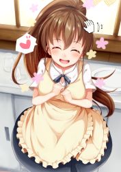 Rule 34 | 1girl, :d, ^ ^, apron, blush, breasts, brown hair, closed eyes, cup, cursor, drinking glass, closed eyes, highres, igayan, long hair, looking at viewer, md5 mismatch, open mouth, headpat, plate, ponytail, shirt, skirt, smile, solo, square enix, taneshima popura, very long hair, waitress, working!!