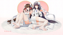 Rule 34 | 2girls, absurdres, black hair, blush, breasts, bridal veil, brown hair, closed mouth, dress, earrings, feet, flower, full body, garter belt, garter straps, girls&#039; frontline, gloves, hair flower, hair ornament, hair ribbon, hairband, hebai xiaochuan, highres, jewelry, large breasts, legs, lips, long hair, looking at viewer, medium breasts, multiple girls, nail polish, necklace, no shoes, official alternate costume, on floor, partially fingerless gloves, pink nails, red ribbon, ribbon, ring, simple background, sitting, smile, soles, thighhighs, thighs, toes, type 95 (girls&#039; frontline), type 95 (prairie gentian and her season) (girls&#039; frontline), type 97 (girls&#039; frontline), type 97 (prayers in the wind) (girls&#039; frontline), veil, very long hair, wedding dress, wedding ring, white dress, white gloves, white hairband, white ribbon, white thighhighs, white veil, yellow eyes