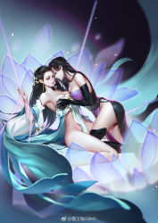 Rule 34 | 2girls, black background, black hair, blue eyes, grabbing another&#039;s breast, breasts, chain, character request, cony (comicsun), copyright request, dress, flower, grabbing, groping, hair ornament, long hair, lotus, multiple girls, no panties, open mouth, purple dress, restrained, sitting, yuri