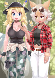 Rule 34 | 2girls, absurdres, animal ears, arm at side, arms at sides, bare arms, bare shoulders, blonde hair, blouse, blue eyes, blurry, blurry background, breasts, brown hair, calenda (kemono friends), camisole, coyote (kemono friends), cuffs, dark-skinned female, dark skin, day, earrings, extra ears, eyewear on head, fangs, feet out of frame, fur cuffs, hair between eyes, hand up, hat, hat feather, highres, impossible clothes, jewelry, kemono friends, large breasts, light brown hair, long hair, looking at another, medium hair, midriff, multicolored hair, multiple girls, navel, open clothes, open mouth, open shirt, outdoors, pants, plaid, plaid shirt, pouch, ras (ras33635191), round eyewear, shirt, smile, standing, stomach, sunglasses, taut clothes, thigh strap, two-tone hair, white hair, white pants, yellow eyes