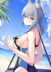 Rule 34 | 1girl, animal ear fluff, animal ears, bag, beach, blue archive, blue eyes, blue sky, blush, breasts, closed mouth, clothes pull, cloud, commentary request, competition swimsuit, cross hair ornament, day, extra ears, from side, gohei (aoi yuugure), grey hair, hair between eyes, hair ornament, halo, highres, holding, holding bag, looking at viewer, medium breasts, mismatched pupils, nipples, ocean, one-piece swimsuit, one-piece swimsuit pull, one breast out, outdoors, ponytail, public indecency, pulled by self, shiroko (blue archive), shiroko (swimsuit) (blue archive), sideboob, sky, solo, swimsuit, wolf ears
