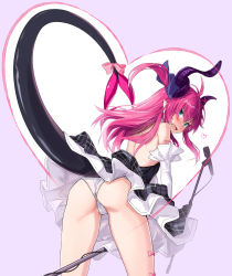 Rule 34 | 10s, 1girl, aqua eyes, ass, asymmetrical horns, blue eyes, blush, claws, commentary request, corset, cowboy shot, curled horns, detached sleeves, dragon girl, dragon horns, dragon tail, dress, elizabeth bathory (fate), elizabeth bathory (fate/extra ccc), elizabeth bathory (first ascension) (fate), fangs, fate/extra, fate/extra ccc, fate/grand order, fate (series), from behind, hair between eyes, highres, horns, long hair, looking at viewer, microphone, microphone stand, open mouth, panties, pantyshot, pink hair, plaid, plaid skirt, pointy ears, short dress, skirt, solo, tail, takanashi kei (hitsujikan), thighs, two side up, underwear, uneven horns, white panties