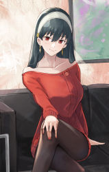 Rule 34 | 1girl, bare shoulders, black hair, black pantyhose, blush, breasts, closed mouth, collarbone, commentary, couch, crossed legs, earrings, ema (kuguiema), glint, gold earrings, hair between eyes, hair down, hairband, hand on own knee, highres, indoors, jewelry, large breasts, long hair, nail polish, off-shoulder sweater, off shoulder, on couch, pantyhose, red eyes, red nails, red sweater, sitting, smile, solo, spy x family, straight hair, sweater, white hairband, yor briar