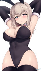 Rule 34 | 1girl, armpits, arms up, artist name, black corset, black thighhighs, blue eyes, bow, bowtie, breasts, cleavage, corset, girls und panzer, grey hair, highres, itsumi erika, kasai shin, large breasts, leotard, playboy bunny, red bow, red bowtie, short hair, signature, solo, thighhighs, white background