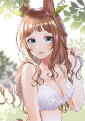 Rule 34 | 1girl, animal ears, bare arms, bare shoulders, blue eyes, blurry, bra, braid, breasts, brown hair, cleavage, collarbone, commentary request, french braid, front-tie bra, green nails, hand up, highres, holding, holding own hair, large breasts, leaf, lingerie, long hair, looking at viewer, myusha, nail polish, original, parted lips, plant, rabbit ears, rabbit tail, smile, solo, tail, underwear, upper body, white bra
