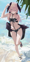 Rule 34 | 1girl, absurdres, arm behind back, bikini, black bikini, black wings, blue archive, blush, bow, flat chest, floral print, hair bow, head wings, highres, koharu (blue archive), koharu (swimsuit) (blue archive), looking at viewer, navel, official alternate costume, outdoors, petite, pink hair, sandals, solo, standing, standing on one leg, stomach, swimsuit, twintails, ushiwaka, wading, wings