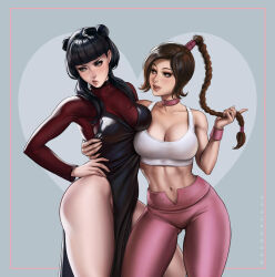 Rule 34 | 2girls, arm around waist, avatar: the last airbender, avatar legends, averting eyes, bare pectorals, black hair, blush, braid, breasts, breasts squeezed together, brown eyes, brown hair, choker, cleavage, curvy, dandon fuga, froud, gluteal fold, goth fashion, highres, hime cut, long hair, looking at another, looking to the side, mai (avatar), makeup, medium breasts, multiple girls, navel, pants, pectorals, smile, tank top, thick thighs, thighs, tight clothes, tight pants, ty lee, wide hips, yoga pants