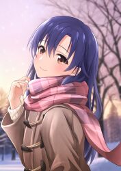 Rule 34 | 1girl, absurdres, b1ack illust, bare tree, blue hair, blurry, blurry background, blush, brown coat, brown eyes, closed mouth, coat, dot nose, flat chest, floating scarf, from side, gradient sky, hand up, highres, idolmaster, idolmaster (classic), idolmaster million live!, idolmaster million live! theater days, kisaragi chihaya, long hair, long sleeves, looking at viewer, outdoors, pink scarf, plaid, plaid scarf, scarf, sky, smile, snow, snowing, solo, sweater, tree, white sweater, winter
