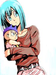 Rule 34 | 1boy, 1girl, :o, baby, belt, blue eyes, blue hair, bulma, carrying, cowboy shot, denim, dragon ball, dragonball z, dutch angle, eyelashes, frown, hat, jeans, long sleeves, looking away, maca (kanekohouse), mother and son, open mouth, pants, red shirt, shirt, short hair, simple background, trunks (dragon ball), upper body, white background