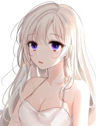 Rule 34 | 1girl, 58 (opal 00 58), bad id, bad twitter id, bare shoulders, breasts, cleavage, close-up, collarbone, dress, eye focus, halter dress, halterneck, highres, long hair, looking at viewer, medium breasts, original, parted lips, purple eyes, simple background, sleeveless, solo, tagme, upper body, white background, white hair