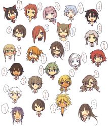 Rule 34 | 4boys, 6+girls, animal ears, blonde hair, cat ears, character name, closed eyes, glasses, grin, hair over one eye, highres, long hair, multicolored hair, multiple boys, multiple girls, necktie, ootorii bisetsu, open mouth, original, pale skin, portrait, purple hair, red hair, sharp teeth, short hair, simple background, smile, teeth, trap, twintails, white background, white hair