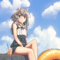 Rule 34 | 1girl, absurdres, black one-piece swimsuit, blue sky, casual one-piece swimsuit, cloud, cup, day, disposable cup, drinking straw, grey eyes, grey hair, hair ornament, highres, i-201 (kancolle), innertube, kantai collection, long hair, low twintails, official alternate costume, one-piece swimsuit, outdoors, polka dot, polka dot swimsuit, sitting, sky, solo, swim ring, swimsuit, twintails, vorisar, x hair ornament