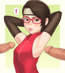 Rule 34 | !, 1girl, armpits, arms behind head, arms up, bad id, bad pixiv id, black detached sleeves, black gloves, black hair, blush, boruto: the movie, breasts, brown eyes, censored, disembodied penis, elbow gloves, forehead protector, glasses, gloves, konohagakure symbol, lips, looking at viewer, maou alba, mosaic censoring, multiple penises, naruto, naruto (series), penis, red-framed eyewear, sleeveless, small breasts, solo, solo focus, sweatdrop, swept bangs, uchiha sarada, upper body, zipper