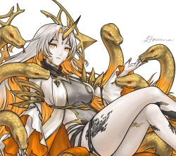 Rule 34 | 1girl, blonde hair, breasts, fire emblem, fire emblem heroes, grimaisbestwaifu, gullveig (fire emblem), highres, horns, large breasts, long hair, long sleeves, looking at viewer, multicolored hair, nintendo, oni horn, sideboob, signature, sitting, snake, solo, spikes, tagme, thick thighs, thighs, white hair, wide hips, yellow eyes, yellow horns