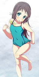 Rule 34 | 10s, 1girl, adjusting clothes, adjusting swimsuit, akino sora, barefoot, blue eyes, blush, breasts, brown hair, competition school swimsuit, competition swimsuit, covered navel, covered erect nipples, feet, hair ribbon, highres, long hair, looking at viewer, mukaido manaka, nagi no asukara, one-piece swimsuit, open mouth, ribbon, school swimsuit, small breasts, solo, swimsuit, wet