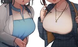 Rule 34 | 2girls, black hair, black jacket, black skirt, blue dress, breasts, brown hair, chougei (kancolle), collarbone, dress, head out of frame, highres, jacket, jewelry, jingei (kancolle), kantai collection, kirisawa juuzou, large breasts, medium hair, multiple girls, necklace, official alternate costume, open clothes, open jacket, open mouth, shirt, simple background, skirt, upper body, white background, white jacket, white shirt