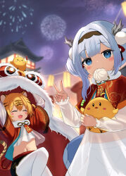 Rule 34 | 2girls, absurdres, animal ears, animal hat, architecture, arm up, arms up, azur lane, baozi, black shorts, blonde hair, blue eyes, blush stickers, building, closed eyes, double bun, dragon horns, dragon tail, dress, east asian architecture, fireworks, food, hair bun, hair ornament, hairband, hat, highres, horns, hu pen (azur lane), lantern, leg up, long hair, looking at viewer, lung wu (azur lane), manjuu (azur lane), midriff, mouth hold, multiple girls, navel, night, night sky, open mouth, outdoors, pantyhose, pom pom (clothes), pom pom hair ornament, red shirt, see-through, see-through dress, shirt, short hair, short shorts, shorts, skirt, sky, smile, soul (dp11), standing, standing on one leg, tail, tiger ears, tiger girl, tiger tail, v, white dress, white hair, white pantyhose, white shirt