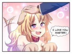 Rule 34 | 1boy, 1girl, :3, :d, animal ears, animal hands, bare shoulders, belt collar, black border, blonde hair, blue eyes, blush, border, collar, dog ears, dog girl, dog tail, english text, fang, happy, headpat, heart, heart-shaped pupils, hinghoi, long hair, long sleeves, monster girl, open mouth, original, paw pose, pink background, smile, symbol-shaped pupils, tail, tail wagging, watch, wristwatch