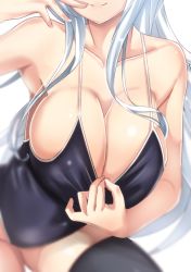 Rule 34 | 10s, 1girl, aged up, alternate breast size, armpits, bare shoulders, black thighhighs, blurry, breasts, cleavage, close-up, closed mouth, clothes pull, collarbone, competition school swimsuit, competition swimsuit, covered navel, depth of field, finger to mouth, head out of frame, hibiki (kancolle), kantai collection, large breasts, long hair, one-piece swimsuit, one-piece swimsuit pull, pulled by self, school swimsuit, simple background, skindentation, smile, solo, swimsuit, thighhighs, untue, verniy (kancolle), very long hair, white background