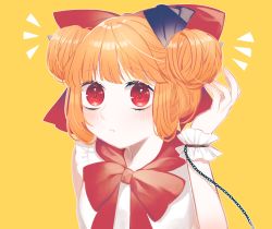 Rule 34 | 1girl, absurdres, alternate hairstyle, blush, bow, bowtie, chain, commentary request, double bun, hair bow, hair bun, hand to head, highres, horns, ibuki suika, looking at viewer, orange hair, parted lips, portrait, red bow, red eyes, shirt, sidelocks, sleeveless, sleeveless shirt, solo, toraneko 2, touhou, white shirt, wrist cuffs, yellow background